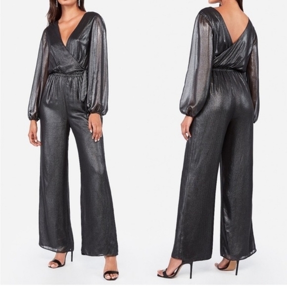 Pants - Long-sleeve Metallic Black Wide Leg Elegant Jumpsuit
